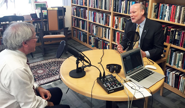 Chancellor Gilman and Dean Chemerinsky recording podcast