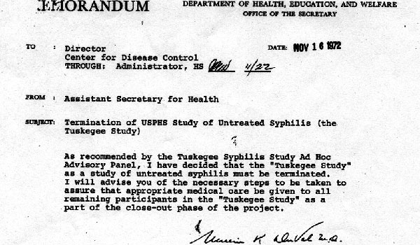 memo ending Tuskegee study