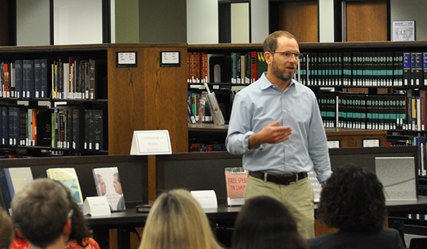 Professor Whytock giving a talk in the library